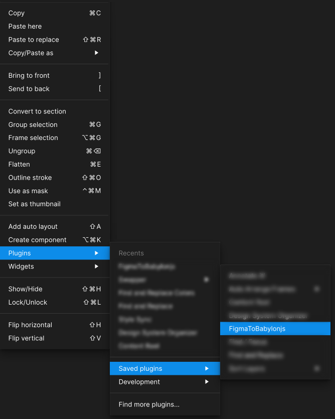 Screenshot showing the figma right click menu on the Plugins option
