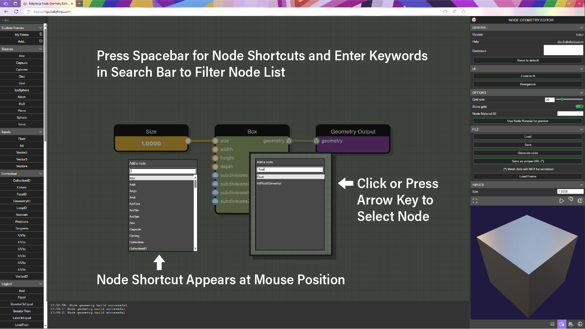Press space bar for shortcut to search bar to filter node list which appears at the mouse position